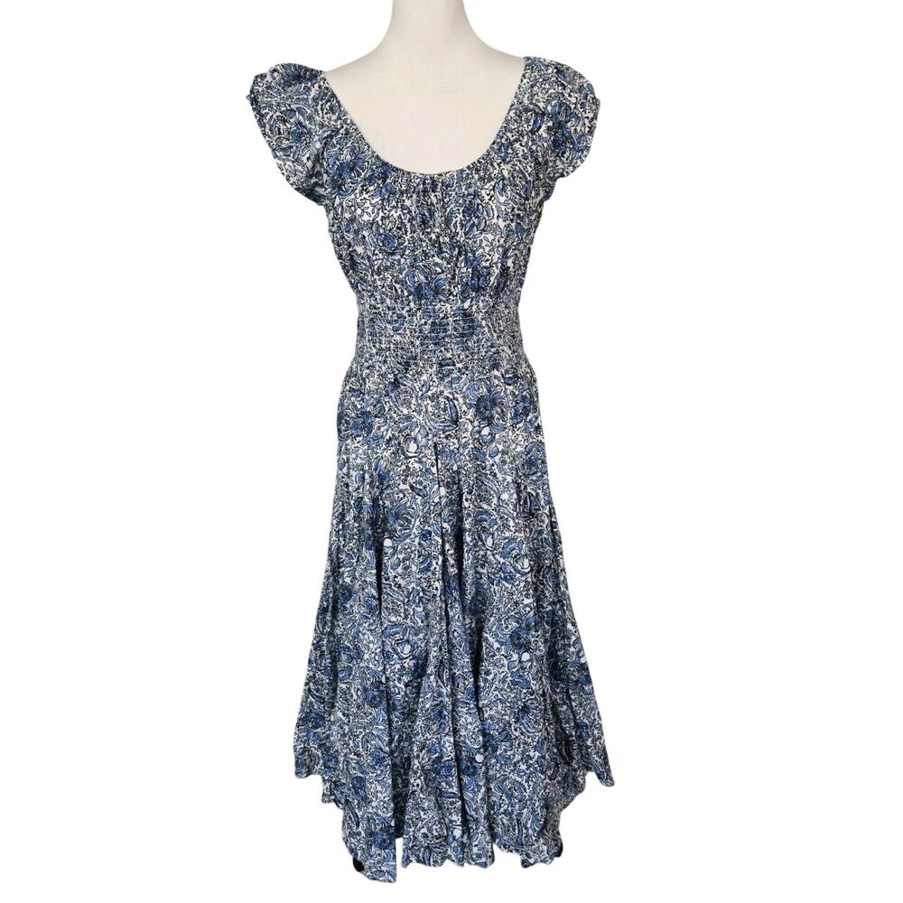 Chelsea & Theodore Blue Floral Smocked Waist Cotton Maxi Dress Prairie Cottage L